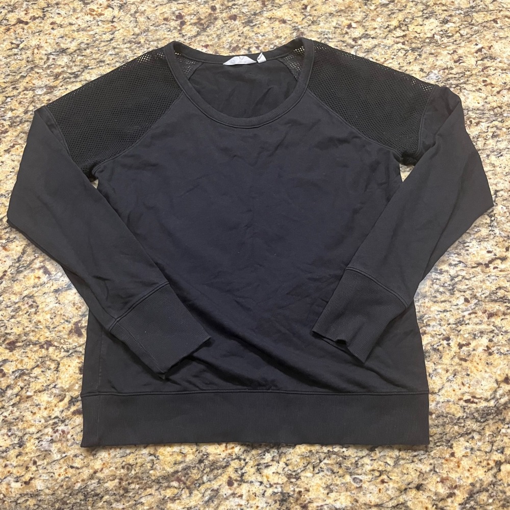 Athleta Womens Black Mesh Shoulder Long Sleeve Pullover Sweatshirt Top Size M